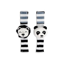 Load image into Gallery viewer, Pair of panda-themed baby rattles with striped bands on a white background