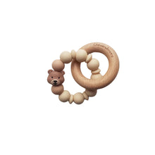 Load image into Gallery viewer, Wooden teething ring with brown silicone bear detail on a white background