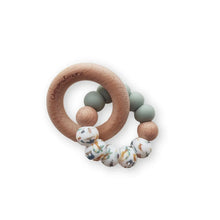 Load image into Gallery viewer, Wooden teething ring with colourful zoo design beads on a white background