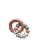 Load image into Gallery viewer, Wooden teething ring with colourful zoo design beads on a white background