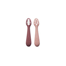 Load image into Gallery viewer, Two silicone teething spoons, one in rose and one in pink on a white background.