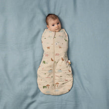 Load image into Gallery viewer, Baby wrapped in a patterned sleeping bag on a blue blanket