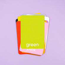 Load image into Gallery viewer, Color swatch cards labeled 'green' and 'pink' on a purple background