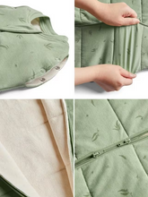 Load image into Gallery viewer, Collage of a green baby wrap with close-up details on fabric texture and design.