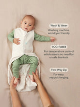 Load image into Gallery viewer, Baby in a green outfit with a white cover, surrounded by text about product features.