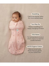 Load image into Gallery viewer, Baby swaddled in a pink organic cotton swaddle with text highlighting its features.