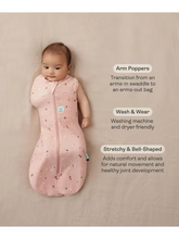 Load image into Gallery viewer, Baby in a pink swaddle with text describing its features on a beige background
