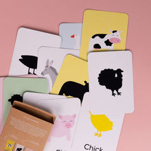 Load image into Gallery viewer, Set of children's educational cards with farm animal illustrations on a pink background