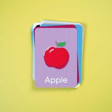 Load image into Gallery viewer, Card with a red apple illustration and the word 'Apple' on a yellow background