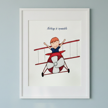 Load image into Gallery viewer, Framed artwork of a child on a red airplane with 'Nothing is impossible' text on a light gray background