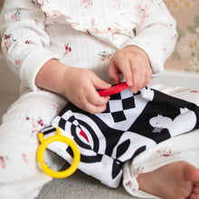 Load image into Gallery viewer, Child playing with a black and white checkered blanket featuring animal prints.