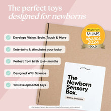 Load image into Gallery viewer, Newborn Sensory Box packaging with text highlighting features on a pink background