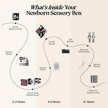 Load image into Gallery viewer, Diagram of items included in a newborn sensory box with text and icons.