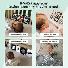 Load image into Gallery viewer, Collage of a baby interacting with sensory items including flash cards, stickers, and a blanket.