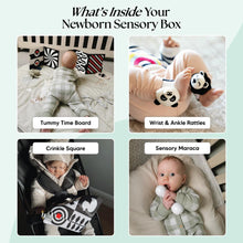 Load image into Gallery viewer, Newborn sensory box contents with baby activities and toys.