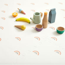 Load image into Gallery viewer, Colorful toy kitchen set on a white surface with rainbow patterns