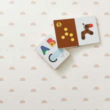 Load image into Gallery viewer, Two children's educational cards on a white background with rainbow patterns