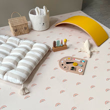 Load image into Gallery viewer, Children's play area with toys and a yellow arch on a patterned mat.