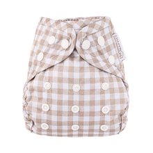 Load image into Gallery viewer, Beige and white checkered nappy cover with buttons on a white background