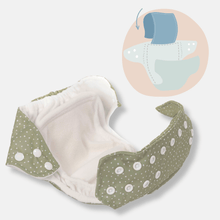 Load image into Gallery viewer, Open green polka dot cloth nappy on a white background