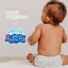 Load image into Gallery viewer, Baby wearing a patterned cloth nappy with 'modern cloth nappies' and 'grow with Peppa Pig' logos.