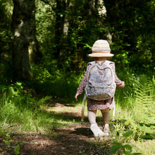 Load image into Gallery viewer, Toddler walking on a forest path wearing a straw hat and floral backpack
