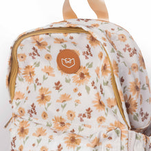 Load image into Gallery viewer, Floral-patterned backpack with a brand logo on a white background