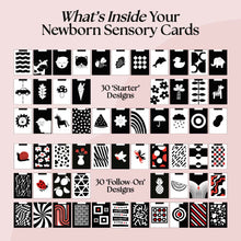 Load image into Gallery viewer, Collection of black and white patterns on a pink background with text about newborn sensory cards.

