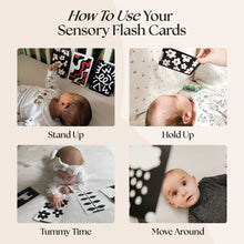 Load image into Gallery viewer, Instructions on using sensory flash cards with babies, showing various activities.
