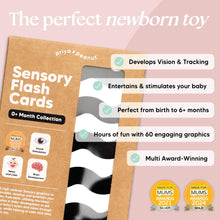 Load image into Gallery viewer, Sensory flash cards packaging with text highlighting features and awards on a pink background
