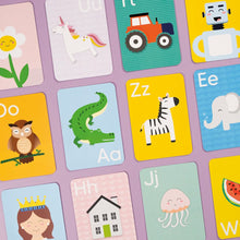 Load image into Gallery viewer, Educational alphabet cards with illustrations on a purple grid background
