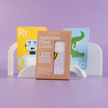 Load image into Gallery viewer, Packaging of alphabet flash cards with a purple background
