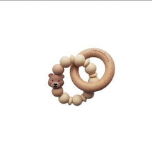 Load image into Gallery viewer, Wooden teething ring with brown silicone bear detail on a white background
