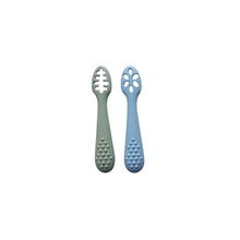 Load image into Gallery viewer, Two baby teethers, one green and one blue, on a white background
