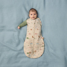 Load image into Gallery viewer, Baby lying on a blue blanket wearing a patterned baby sleeping bag.
