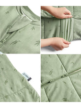 Load image into Gallery viewer, Collage of a green jacket with leaf pattern, zipper, and brand label.
