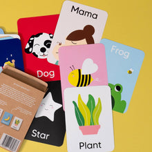 Load image into Gallery viewer, Educational flashcards with illustrations and text on a yellow background
