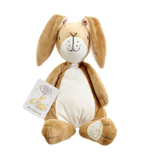 Load image into Gallery viewer, Brown plush bunny toy with a white belly and branded label on a white background
