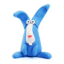 Load image into Gallery viewer, Blue rabbit made from clay with long ears on a white background
