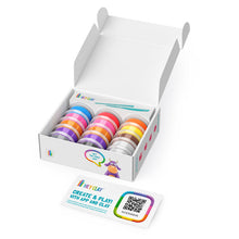 Load image into Gallery viewer, Box of colorful clay rolls with a branded label on a white background
