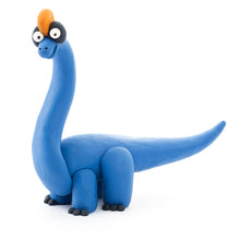 Load image into Gallery viewer, Blue dinosaur clay figure with a small orange horn on a white background
