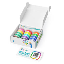Load image into Gallery viewer, Box of colorful clay rolls with a QR code label on a white background
