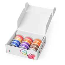 Load image into Gallery viewer, Box of colourful clay pots with a visible brand logo on a white background
