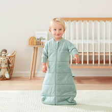 Load image into Gallery viewer, Child wearing a light green sleeping bag in a room with toys and a crib.
