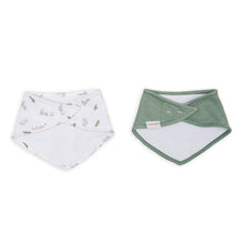 Load image into Gallery viewer, The back of two baby bibs, one white with grey bunnies and green leaf pattern and the other solid green with white inside on a white background.
