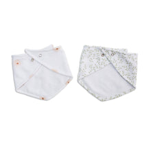 Load image into Gallery viewer, The back of two baby bandana bibs with daisies and greenery patterns on a white background
