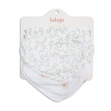 Load image into Gallery viewer, 2 pack of bandana bibs with daisies and greenery pattern on a lulujo branded card
