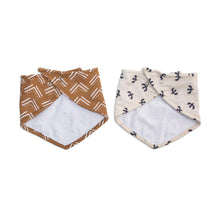 Load image into Gallery viewer, The back of two baby bandana bibs with patterned designs on a white background
