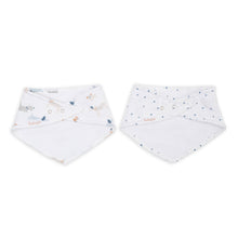 Load image into Gallery viewer, The back of two baby bandana bibs with printed dog and star designs on a white background
