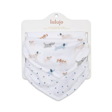 Load image into Gallery viewer, Two baby bandana bibs with dog and star patterns packaged on a white background, featuring the brand 'lulujo'.
